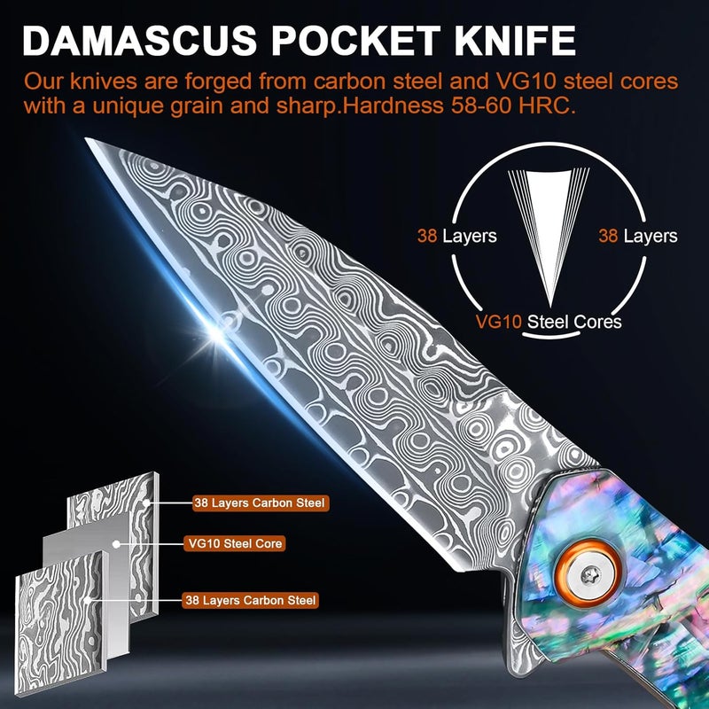 Zingbee Damascus Pocket Knife, 3.03" VG10 Damascus Steel Blade Folding Knife with Abalone Shell Handle, EDC Camping Knives for Outdoor Indoor, Gifts for Women Men - Image 3
